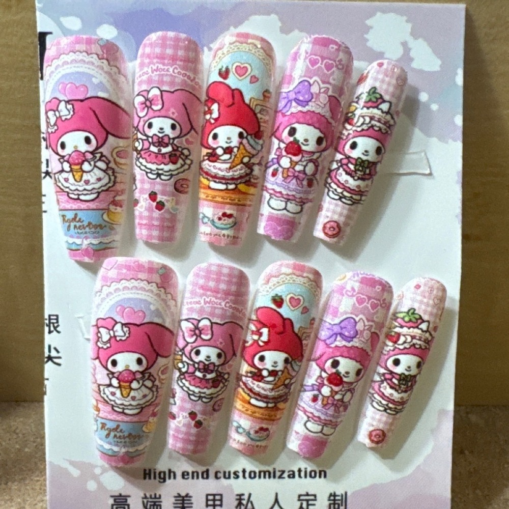 Sanrio My Melody Press On Nails Pink Kawaii Gingham Long Coffin Custom Manicure‎
